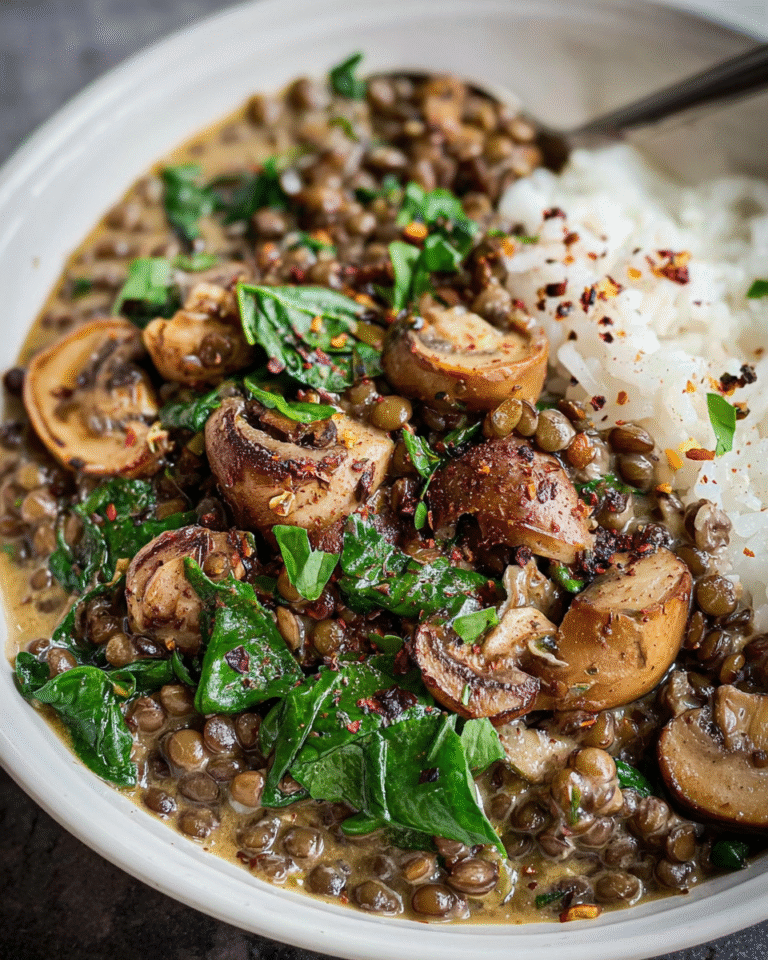 Creamy lentil mushroom stew with spinach and herbs in a bowl