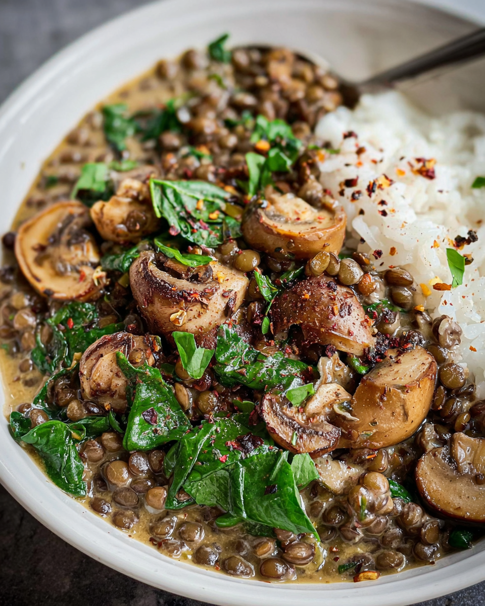 Creamy lentil mushroom stew with spinach and herbs in a bowl