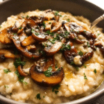 Creamy mushroom risotto topped with sautéed mushrooms and Parmesan