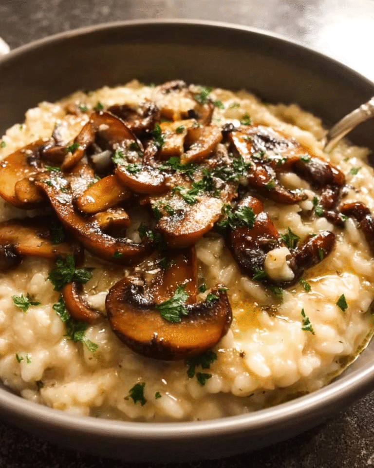 Creamy mushroom risotto topped with sautéed mushrooms and Parmesan