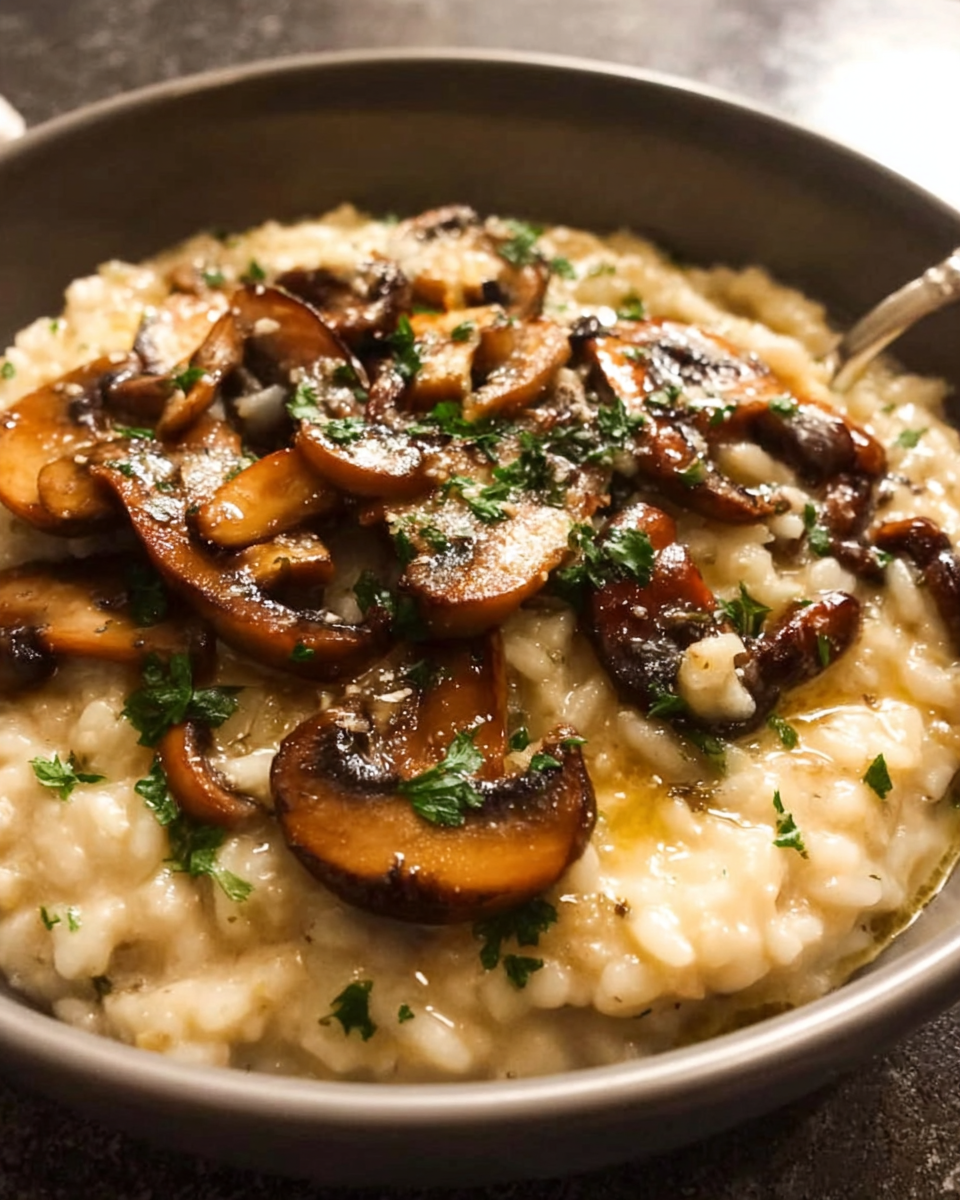 Creamy mushroom risotto topped with sautéed mushrooms and Parmesan
