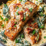 Creamy salmon skillet with sun-dried tomatoes and spinach in a pan