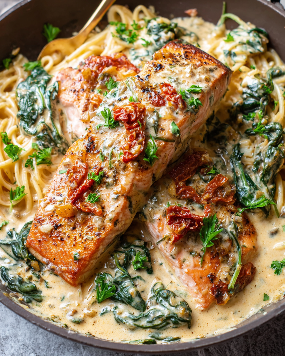 Creamy salmon skillet with sun-dried tomatoes and spinach in a pan