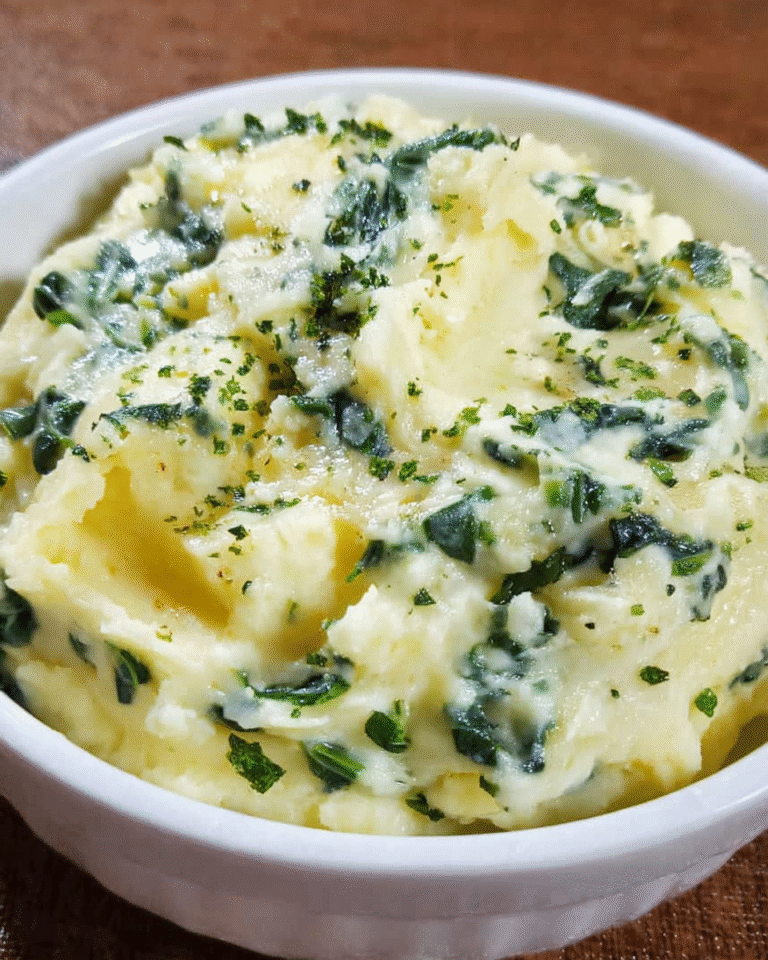 Creamy spinach potatoes served in a bowl with melted cheese and wilted spinach