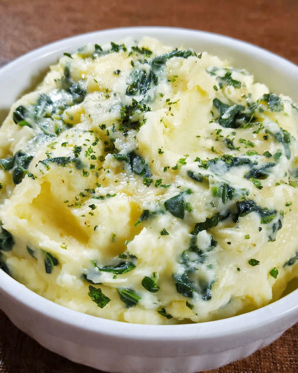 Creamy spinach potatoes served in a bowl with melted cheese and wilted spinach
