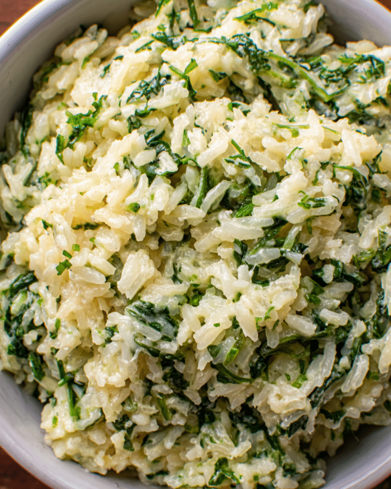 Creamy spinach rice with parmesan and melted cheese