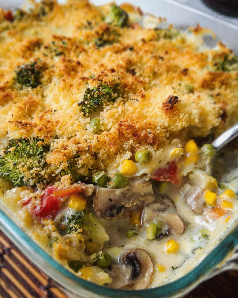 Creamy vegetable gratin with broccoli, peppers, and golden cheese topping