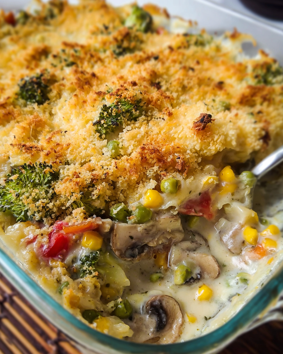 Creamy vegetable gratin with broccoli, peppers, and golden cheese topping