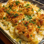 Creamy baked fish on potato gratin with crispy Parmesan breadcrumb topping