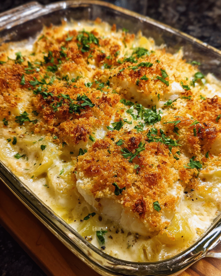 Creamy baked fish on potato gratin with crispy Parmesan breadcrumb topping