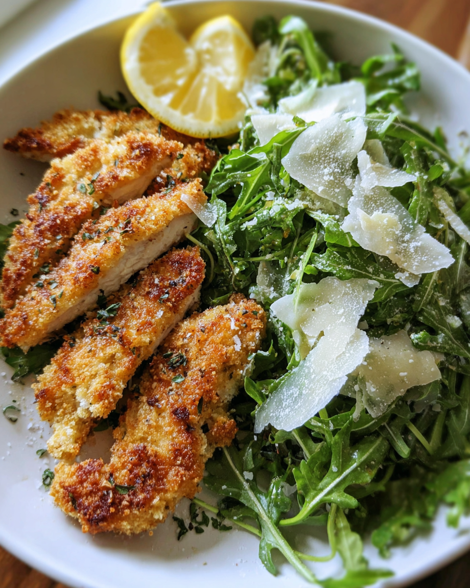 Crispy baked parmesan chicken served with lemon arugula salad