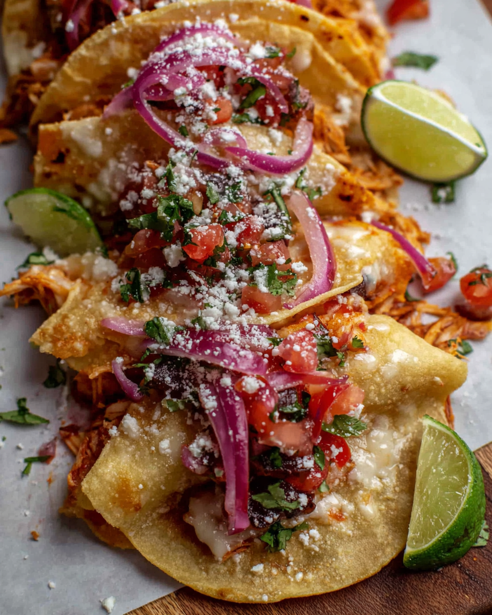 Crispy baked salsa chicken tacos with pico, cotija cheese, and lime