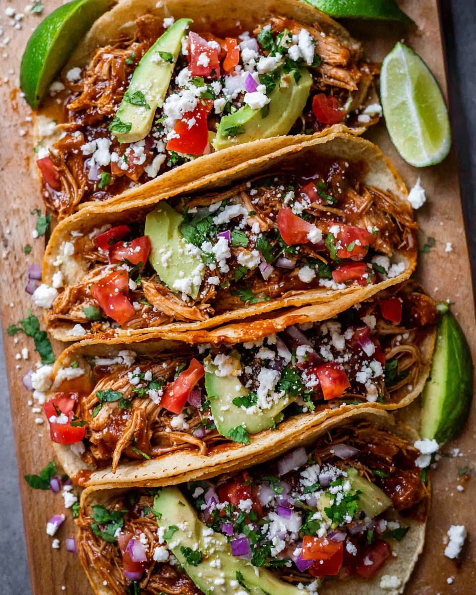 Slow cooker crockpot chicken tacos with shredded chicken and toppings