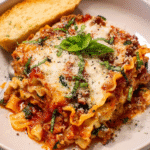 Crockpot lasagna served with melted mozzarella and basil