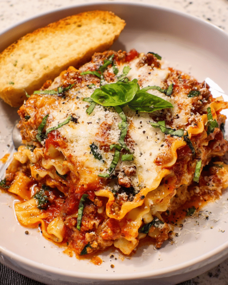 Crockpot lasagna served with melted mozzarella and basil
