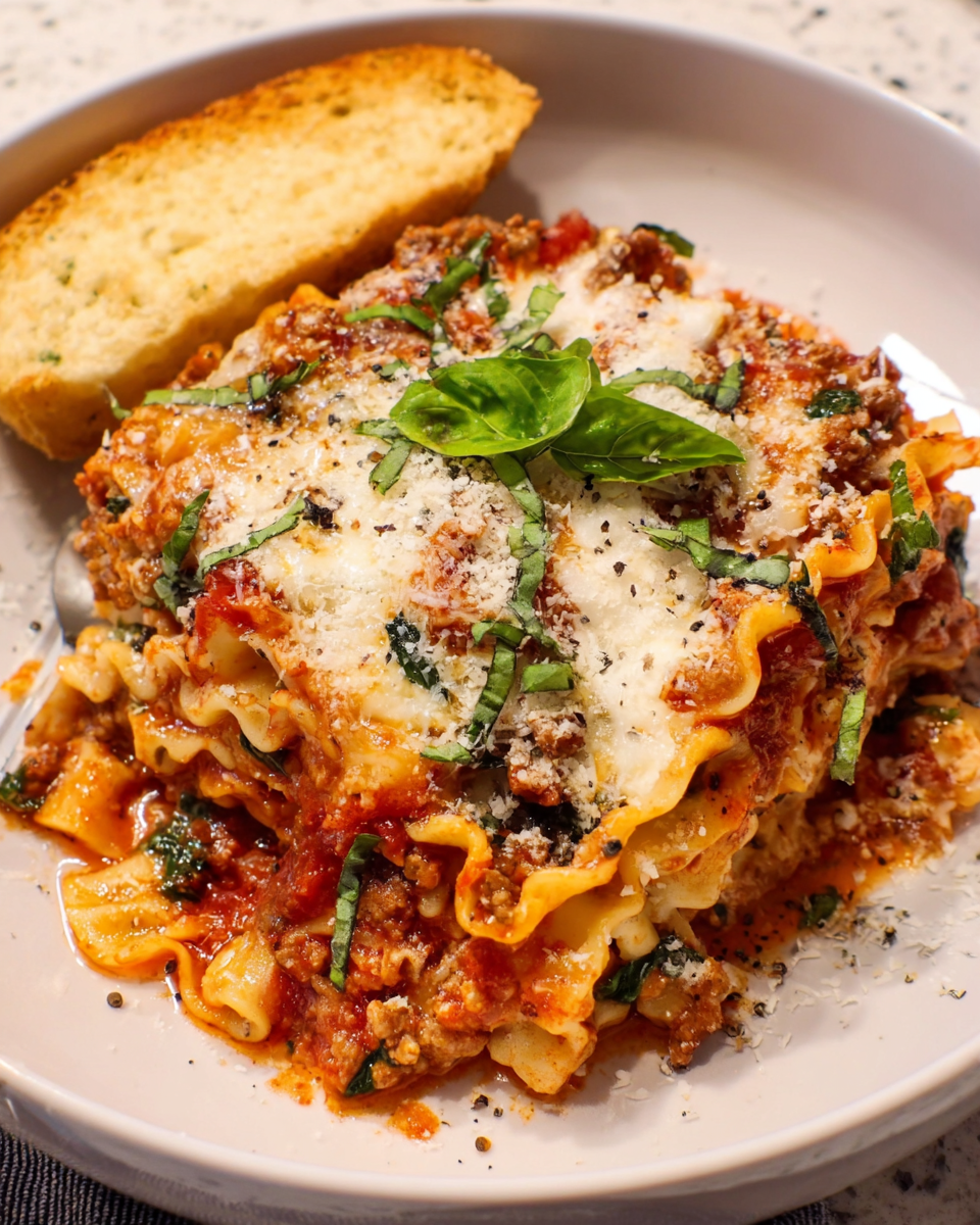 Crockpot lasagna served with melted mozzarella and basil