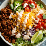 Easy beef taco bowl with salsa ranch, rice, lettuce, tomatoes and avocado
