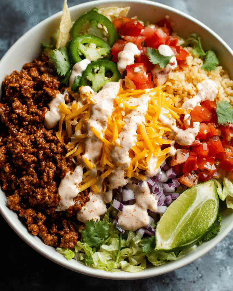 Easy beef taco bowl with salsa ranch, rice, lettuce, tomatoes and avocado