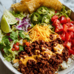 Easy Beef Taco Bowl with Salsa Ranch topped with fresh vegetables and creamy dressing