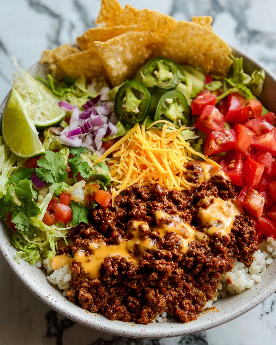 Easy Beef Taco Bowl with Salsa Ranch topped with fresh vegetables and creamy dressing