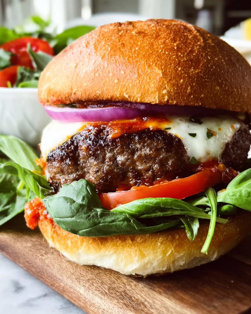 Easy grilled pizza burger with melted mozzarella and basil