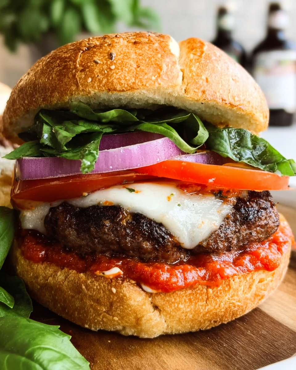 Easy grilled pizza burger with melted mozzarella and basil