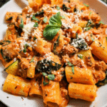 Easy rigatoni pasta with turkey, zucchini, and spinach in creamy tomato sauce