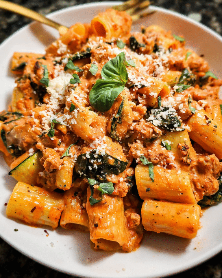 Easy rigatoni pasta with turkey, zucchini, and spinach in creamy tomato sauce