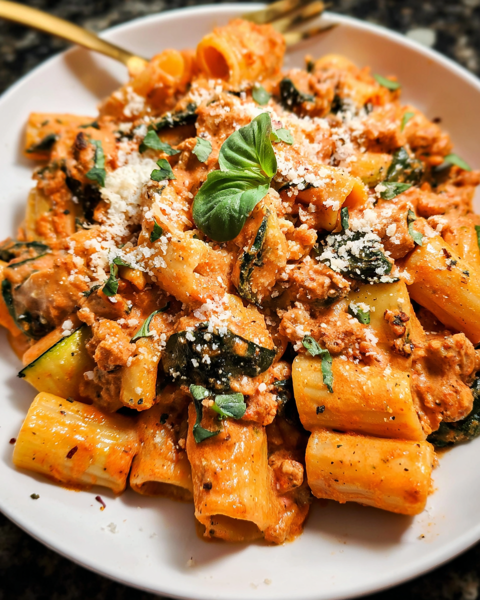 Easy rigatoni pasta with turkey, zucchini, and spinach in creamy tomato sauce