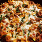 Easy skillet lasagna cooked in a single pan with beef, marinara sauce, and melted mozzarella