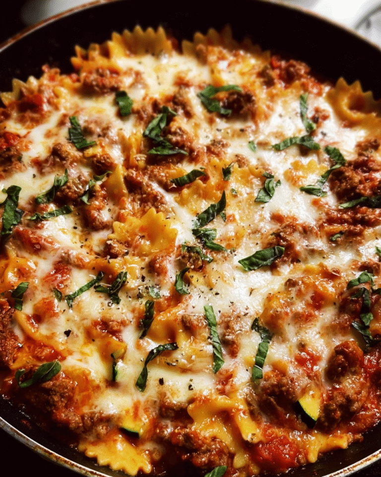 Easy skillet lasagna cooked in a single pan with beef, marinara sauce, and melted mozzarella