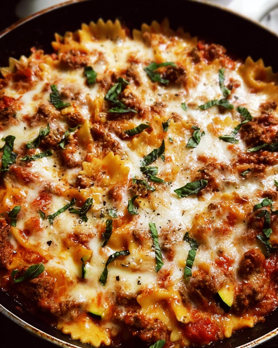 Easy skillet lasagna cooked in a single pan with beef, marinara sauce, and melted mozzarella