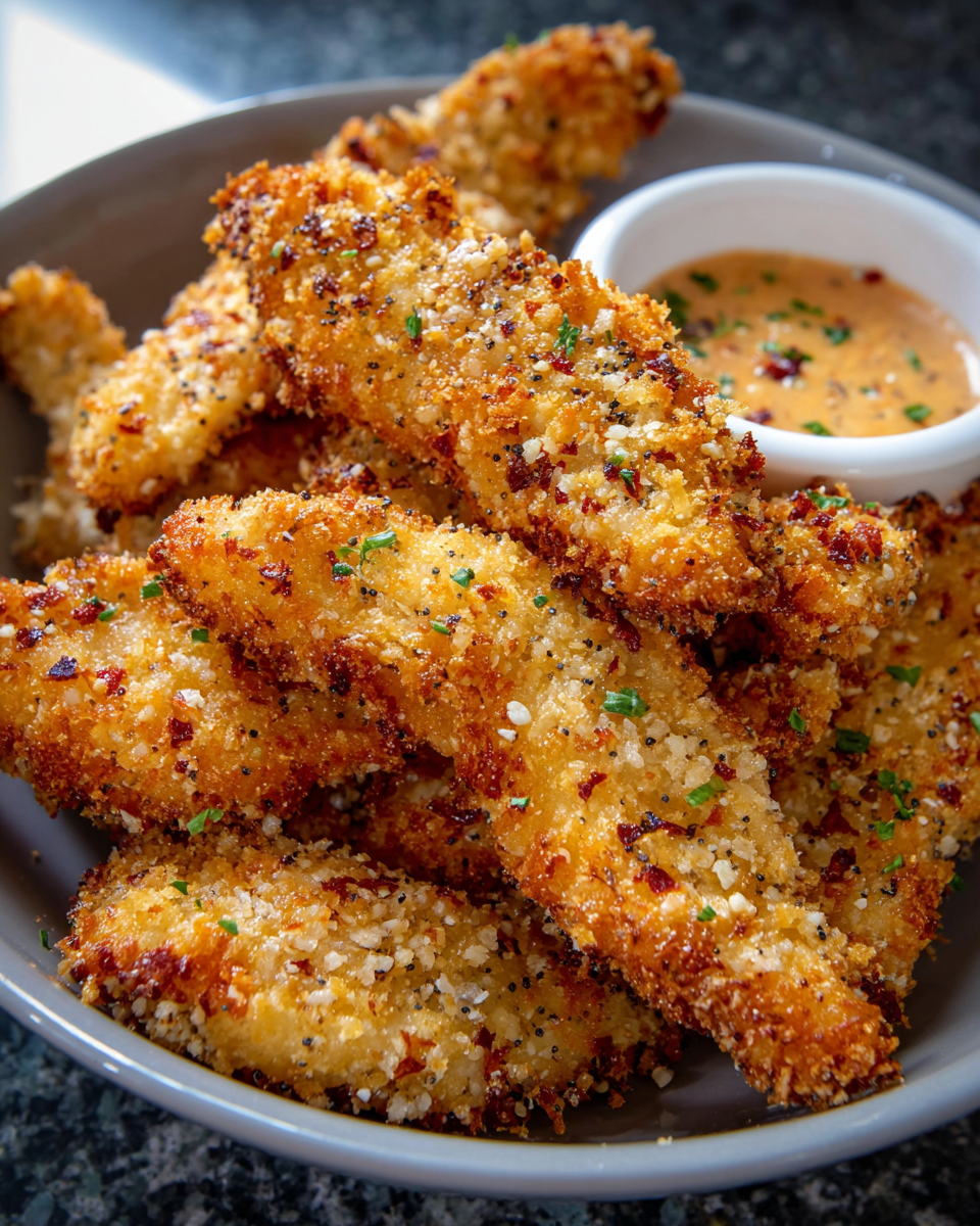 Crispy everything bagel chicken strips baked to golden perfection