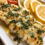 Garlic butter cod baked with lemon slices and parsley
