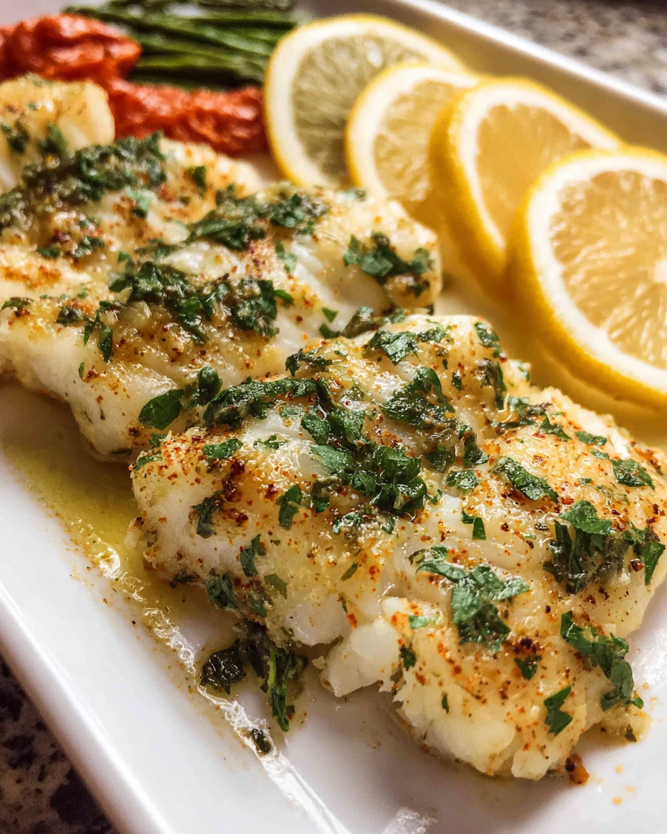Garlic butter cod baked with lemon slices and parsley