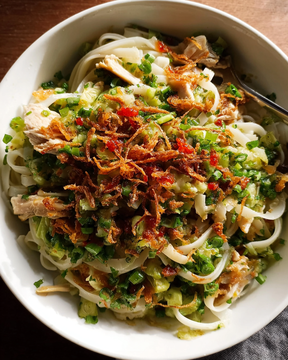 Green ginger rice noodles with shredded chicken and crispy onions