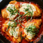 Healthy chicken parmesan skillet with marinara and melted mozzarella