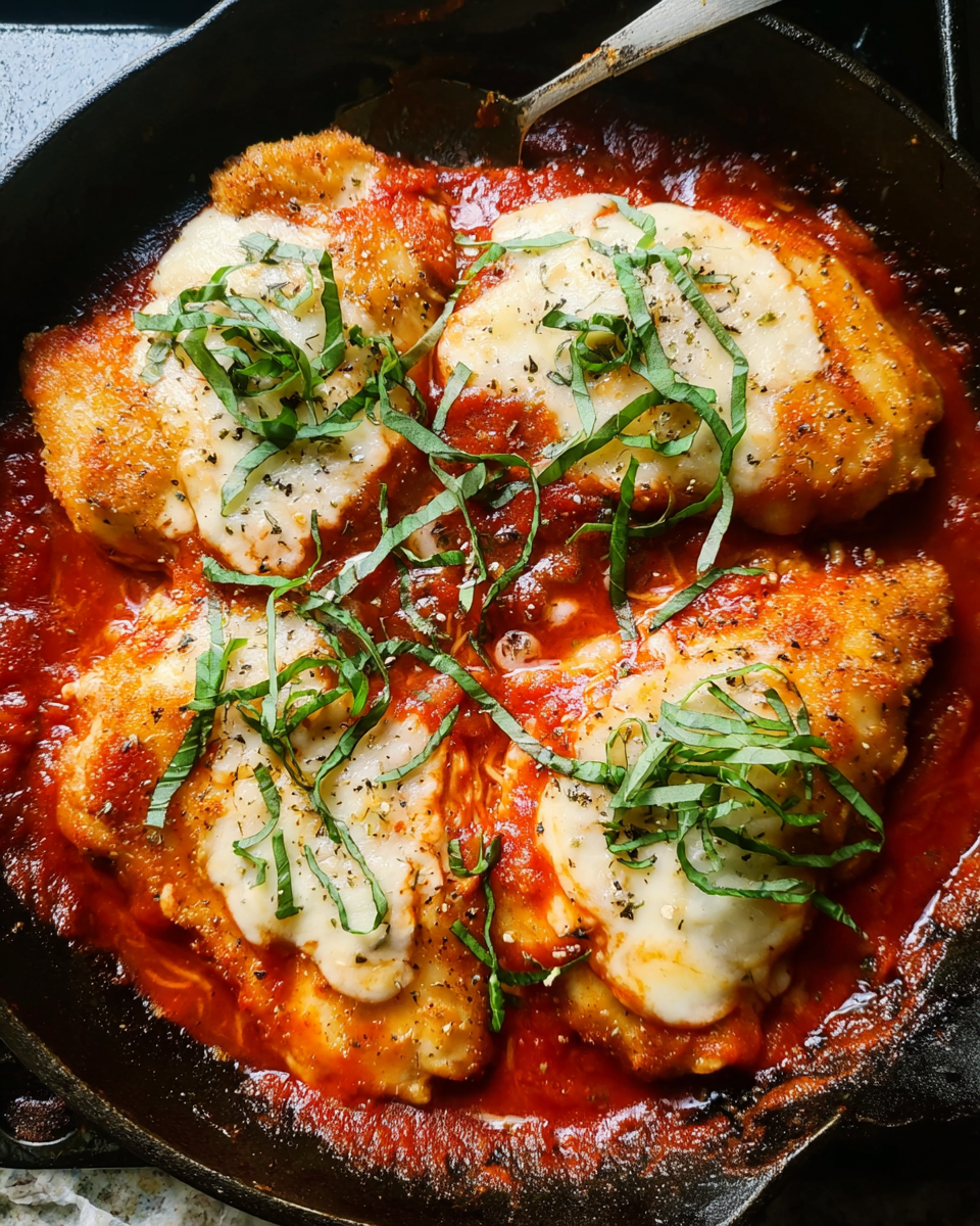 Healthy chicken parmesan skillet with marinara and melted mozzarella
