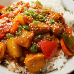 Healthy sweet and sour chicken skillet with pineapple and vegetables