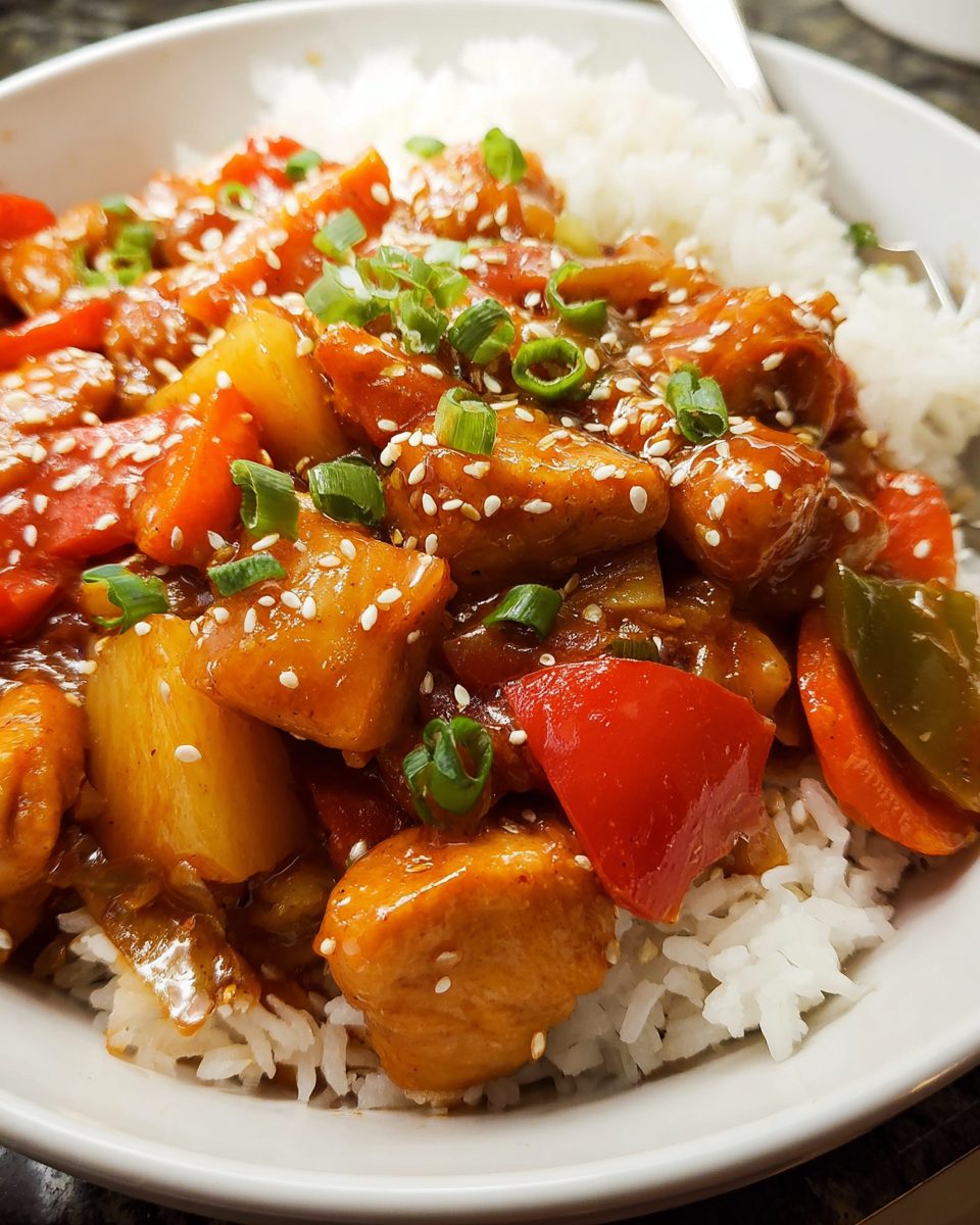Healthy sweet and sour chicken skillet with pineapple and vegetables