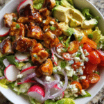 Honey mustard chicken chopped salad with avocado, lettuce, and vinaigrette