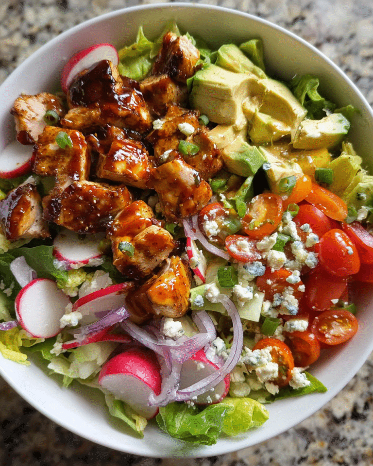 Honey mustard chicken chopped salad with avocado, lettuce, and vinaigrette