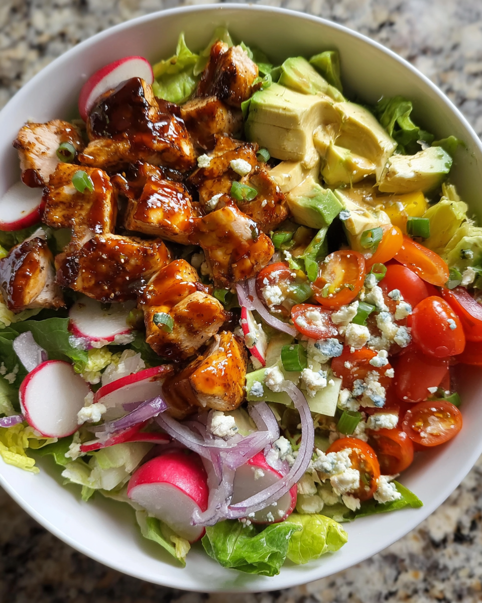 Honey mustard chicken chopped salad with avocado, lettuce, and vinaigrette