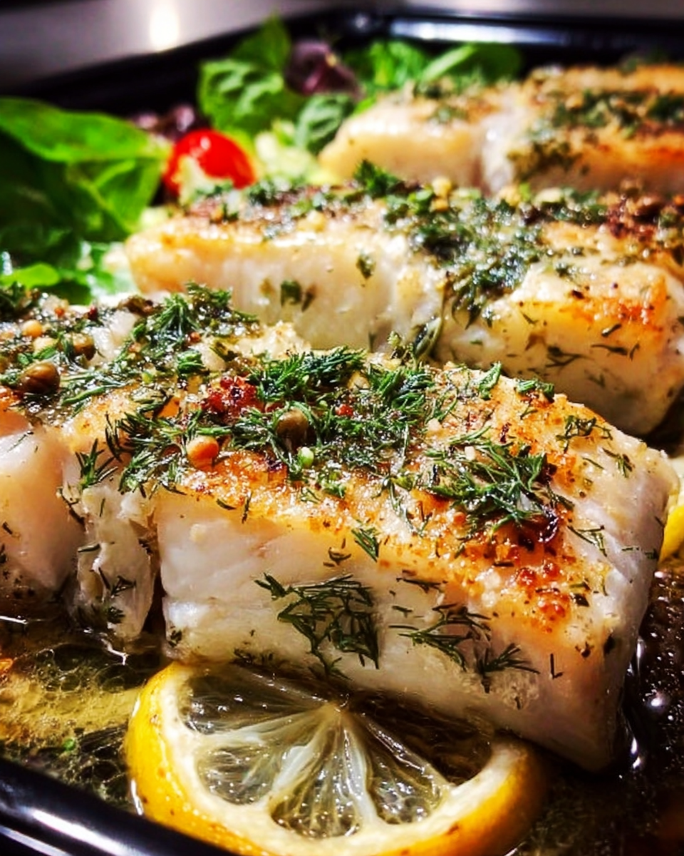 Lemon dill baked white fish with fresh herbs and lemon slices