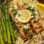 One pan salmon and rice with lemon herbs and asparagus