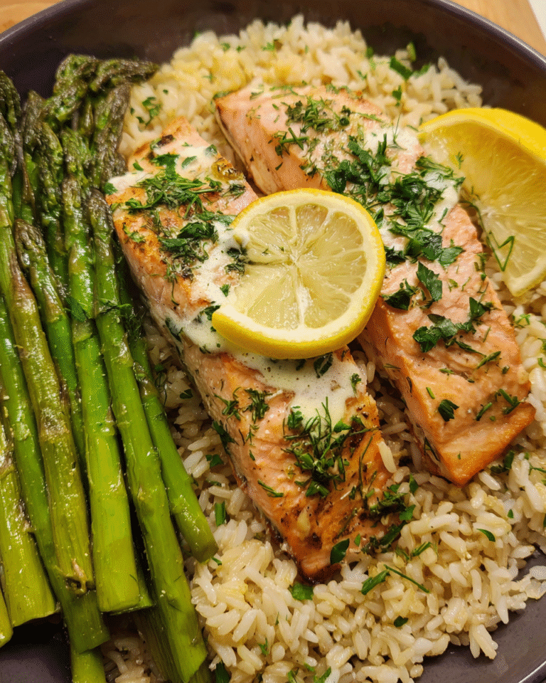 One pan salmon and rice with lemon herbs and asparagus