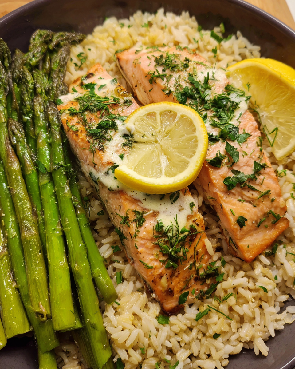 One pan salmon and rice with lemon herbs and asparagus