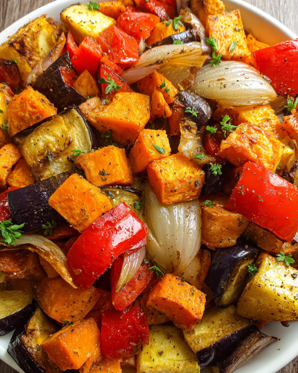 Oven roasted vegetables recipe with sweet potatoes, eggplant, and peppers