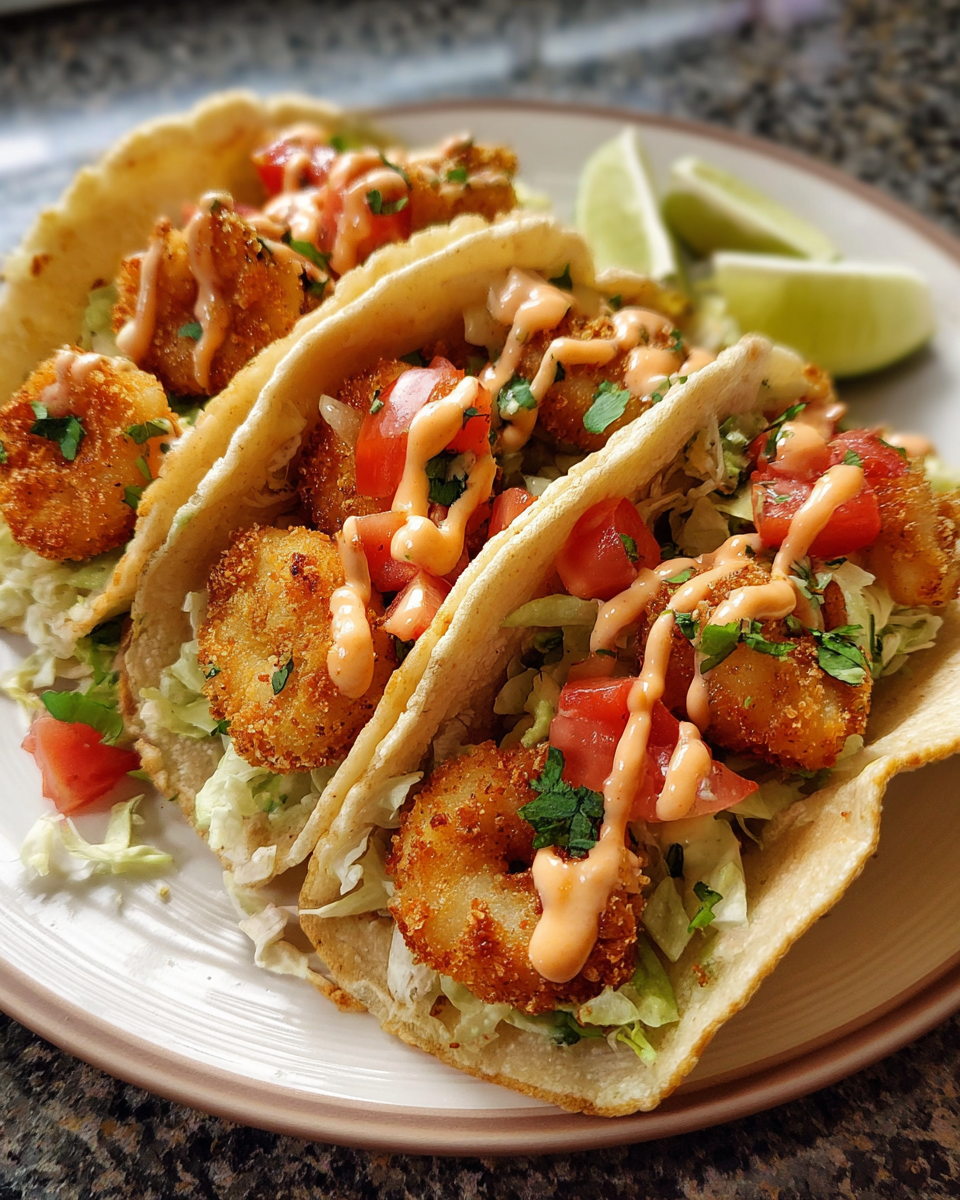 Po’Boy tacos with crispy shrimp and avocado