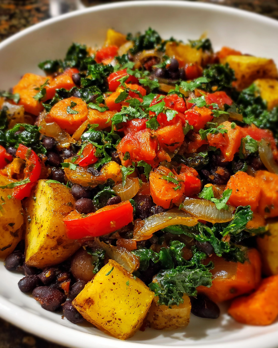 Quick vegetable hash skillet dinner with potatoes, black beans, kale and peppers